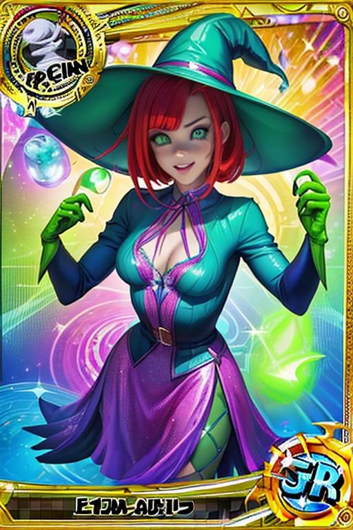 Trading card of A perfect photorealistic(RENDER512:1.1) of a cheerful witch in a cone-shaped hat, (green eyes:1.2), red hair, (green elbow-length gloves:1.2), potions shop, magical interior, working environment, there are magical vibes fluids and magical sparks in the air, Eszter Mattioni, digital art in the jaw dropping of (goosebumps art by tim jacobus:1.43):(3D BEEPLE STYLE:0.333) BY(Dr.Suess, ALEX GREY)! 8 k, 32 k, HDR, foodphoto, conceptual art