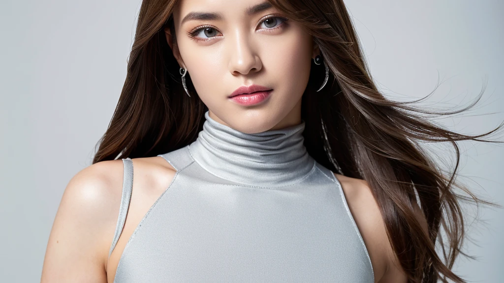 ((Silver Jewelry)),(Detailed face),vivid,chest,cute,Sleeveless and(turtleneck)Silver silky clothes,4K,Ultra-high resolution,(Photorealistic:1.7),White background,Long Hair,