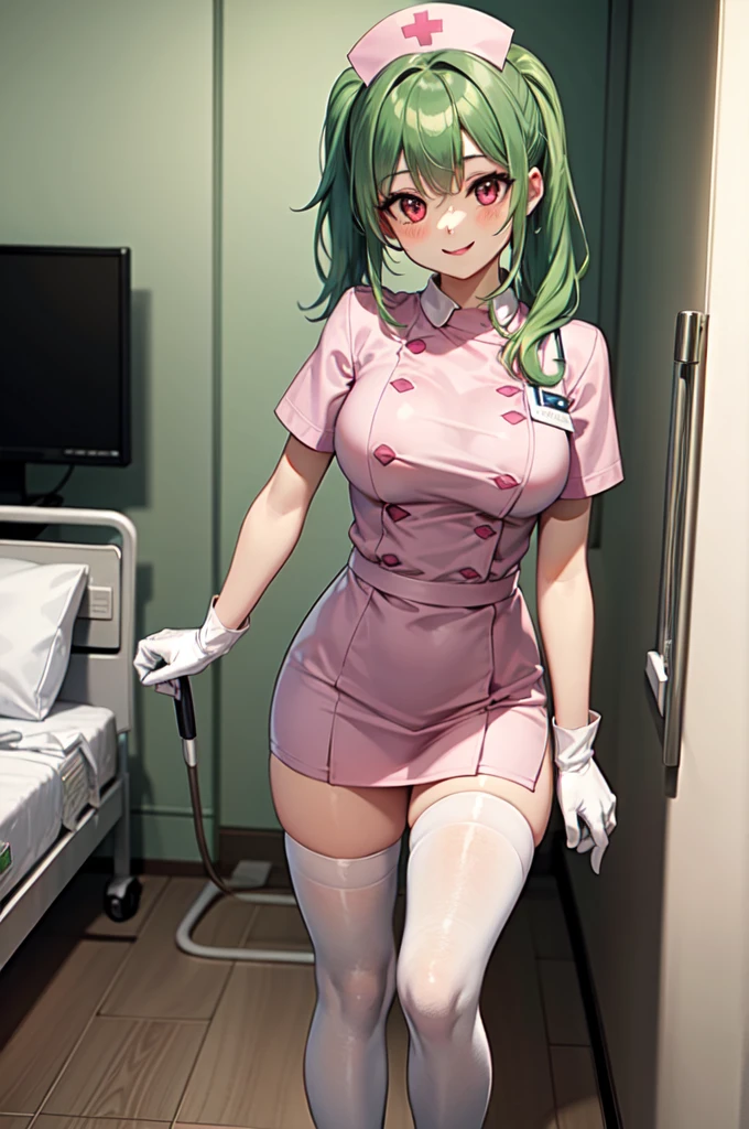 1girl, solo, nurse, nurse cap, white nurse uniform, ((white legwear, zettai ryouiki)), white gloves, ponytail, green hair, pink eyes, smile, standing, ((hospital room)), sharp outline, short sleeves, best quality, masterpiece