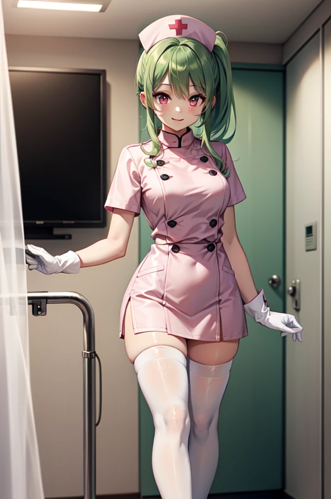 1girl, solo, nurse, nurse cap, white nurse uniform, ((white legwear, zettai ryouiki)), white gloves, ponytail, green hair, pink eyes, smile, standing, ((hospital room)), sharp outline, short sleeves, best quality, masterpiece