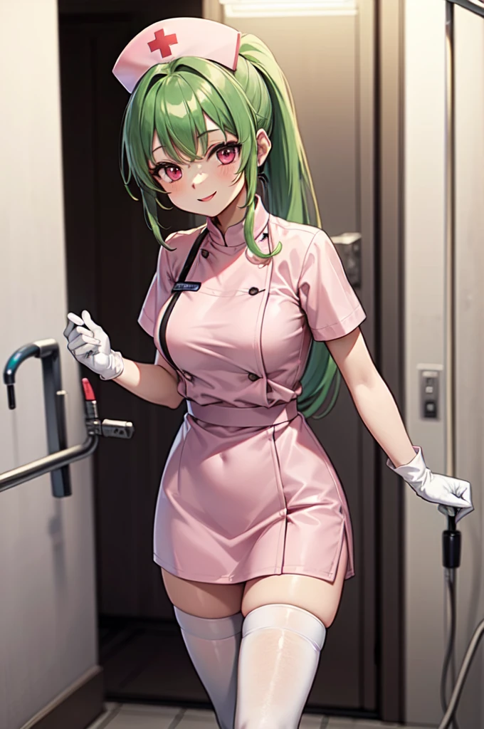 1girl, solo, nurse, nurse cap, white nurse uniform, ((white legwear, zettai ryouiki)), white gloves, ponytail, green hair, pink eyes, smile, standing, ((hospital room)), sharp outline, short sleeves, best quality, masterpiece