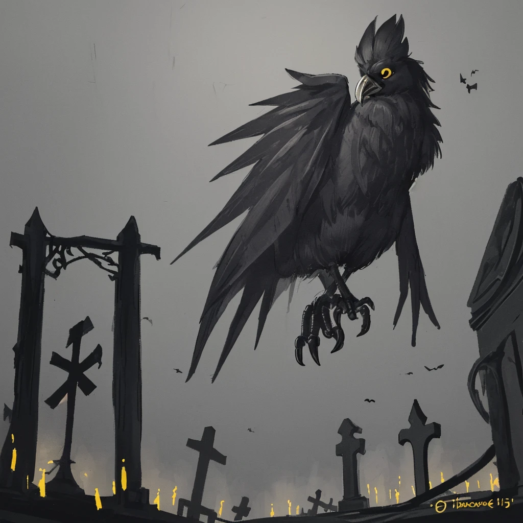 A black and gold cartoon crow, a spooky cemetery in the background and a light fog.