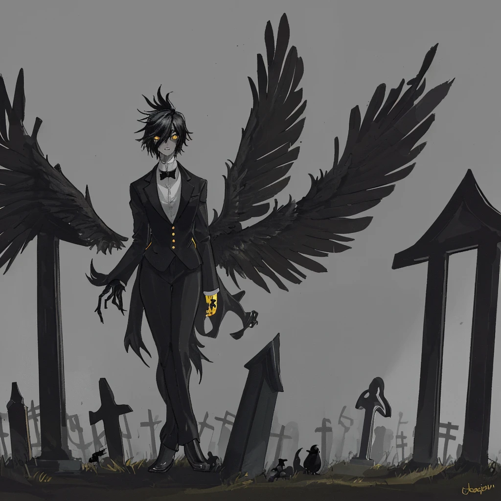 A black and gold cartoon crow, a spooky cemetery in the background and a light fog.