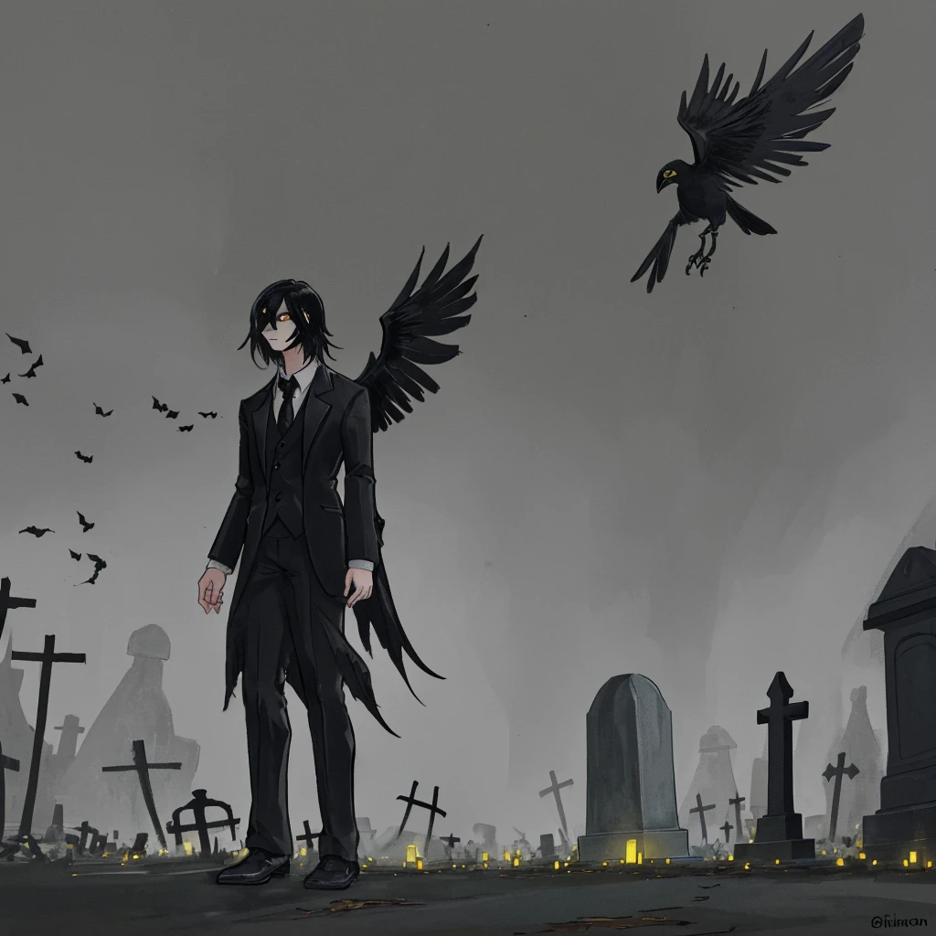 A black and gold cartoon crow, a spooky cemetery in the background and a light fog.