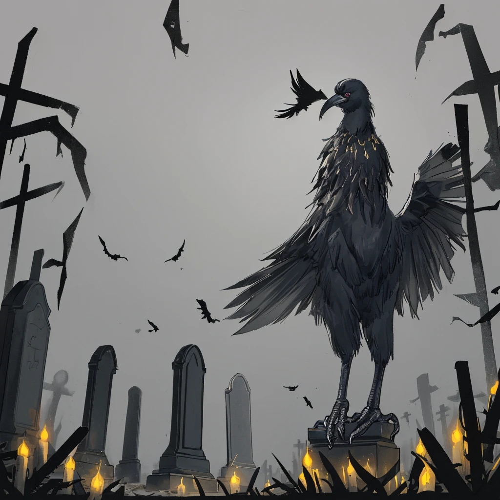 A black and gold cartoon crow, a spooky cemetery in the background and a light fog.