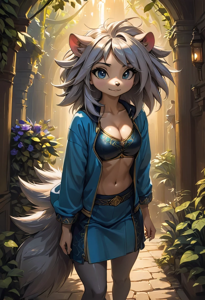 Create an illustration, Hand Painted, Full color image of anthropomorphic hedgehog woman. Artwork should be presented in the following styles "Breath of the Wild," With warm lighting and shadows. Graphite Shader Included, Template Tags, And airbrush acrylic paint effect. Images should be of the highest quality, A masterpiece of exquisite detail. The elephant woman should have a female, Humanoid, Furry appearance,Gold Skin. She should have full lips, A bright smile, Bright, Expressive eyes, Exudes beauty, cute, 和cute. Ensure high-resolution images with sharp details, With detailed and vivid background. Add mysterious lights in the background, Create a romantic and charming atmosphere.