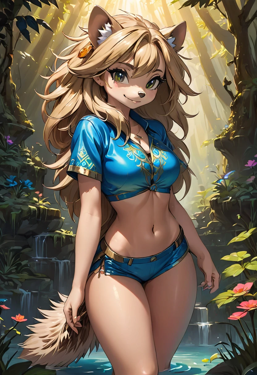 Create an illustration, Hand Painted, Full color image of anthropomorphic hedgehog woman. Artwork should be presented in the following styles "Breath of the Wild," With warm lighting and shadows. Graphite Shader Included, Template Tags, And airbrush acrylic paint effect. Images should be of the highest quality, A masterpiece of exquisite detail. The elephant woman should have a female, Humanoid, Furry appearance，Gold Skin. She should have full lips, A bright smile, Bright, Expressive eyes, Exudes beauty, cute, 和cute. Ensure high-resolution images with sharp details, With detailed and vivid background. Add mysterious lights in the background, Create a romantic and charming atmosphere.
