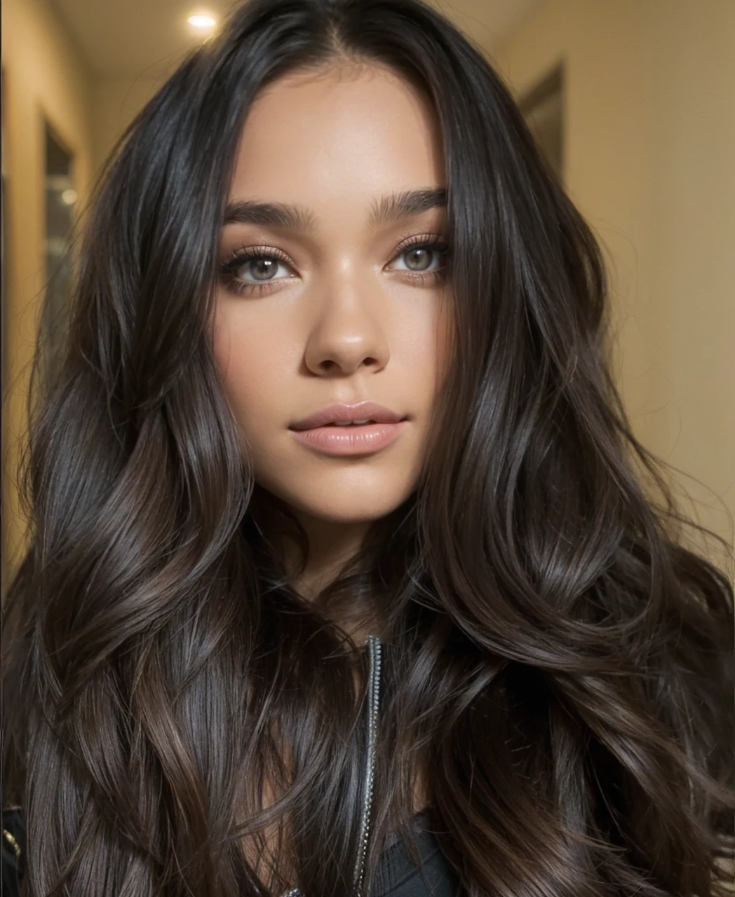 (high quality, realistic:1.2), portrait, beautiful flowing hair, beautiful Hailee Steinfeld, 30 year old, (Muscular:1.3), (athletic body:1.2), (Muscular body:1.5), tanned skin, she's a men magazine model, she flirts with the camera, detailed eyes, luscious lips, sensual gaze, perfect fit body, perfect eyes, perfect hands, perfect hair, hair behind ear, (she wears tight shorts and a sexy crop top:1.2), sexy poses in the gym:1.5), luxurious texture, shimmering highlights, soft shadows, subtle smile, impeccable makeup, perfect skin tone, mesmerizing presence, extraordinary attention to detail, immaculate shading, flawless complexion, expressive eyebrows, long eyelashes, graceful pose, stylish and confident demeanor, striking contrast between the outfit and hair, professional photography, rich color palette, subdued lighting, subtle bokeh effects, glowing complexion, meticulously crafted features, exquisite realism, artistic sophistication, looking over her shoulder, rear view, camera from behind, .......................................