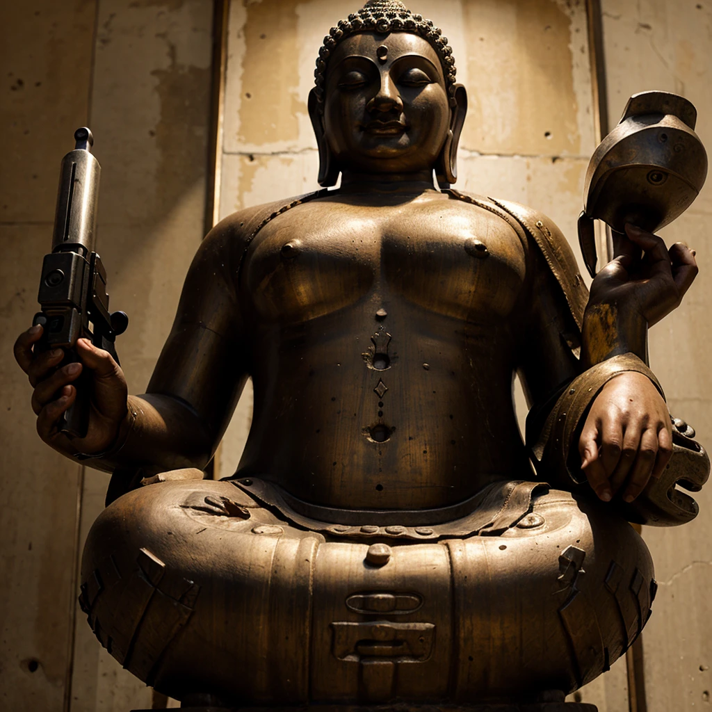 Buddha holding a shotgun