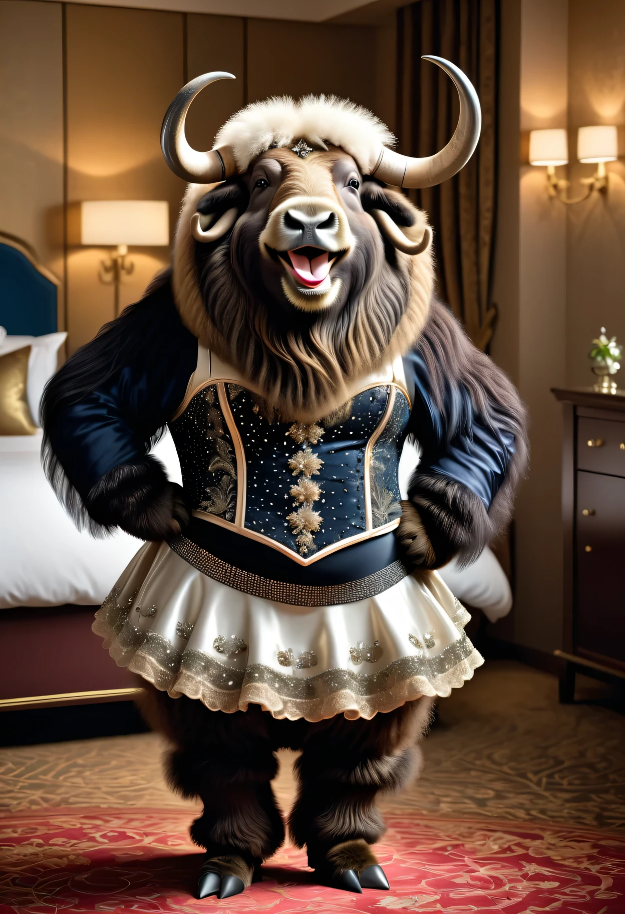 photorealistic portrait of Dressed animals-a ((fat)) cute ((musk ox)) dancer,(furry), (elegant pose:1.5), (hands on hips:1.5),(smile:1.5),high quality,(happy),(lovely) ,intricate details, Wearing bustier, (), highly detailed ((bustier)) ,highly detailed decorations of clothes, Fishnet panty horse , (happy), soft lighting,(full body image:2.0),luxury hotel room background,(high heels),