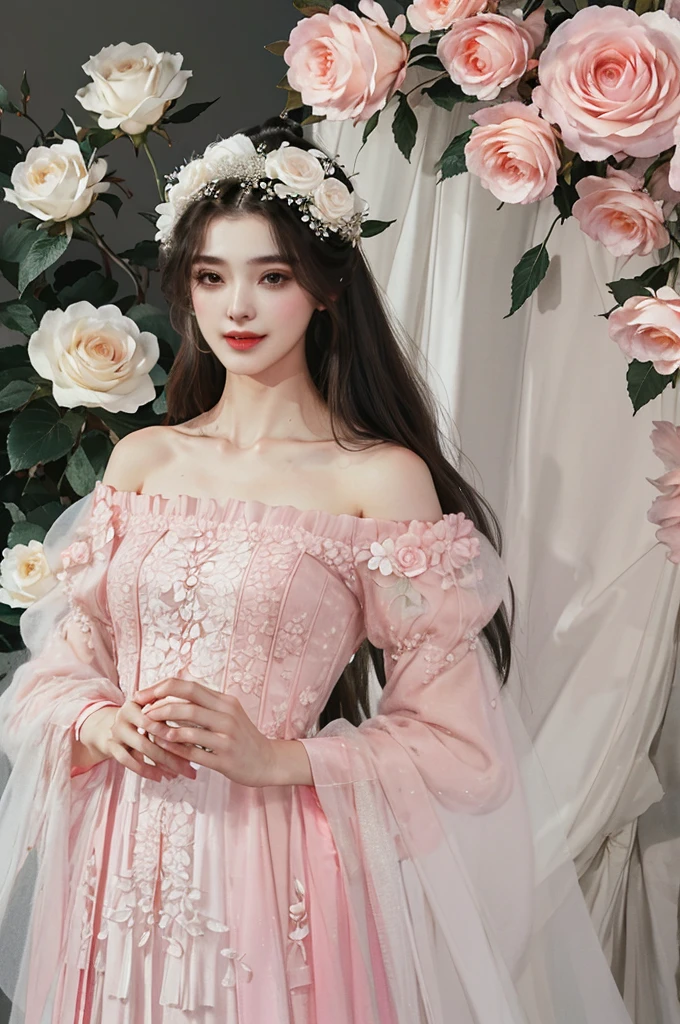 masterpiece,best_quality,1boy,solo,flower,rose,long_hair,dress,hair_flower,long_sleeves,very_long_hair,bangs,hair_ornament,closed_mouth,puffy_sleeves,wide_sleeves,white_background,red_flower,smile,white_dress,red_rose,hair_between_eyes,bare_shoulders,brown_eyes,white_hair,blush,collarbone,off-shoulder_dress,own_hands_together,looking_at_viewer,white_sleeves,floral_background,pink_flower,puffy_long_sleeves,off_shoulder,strapless,pink_rose,white_flower,strapless_dress
