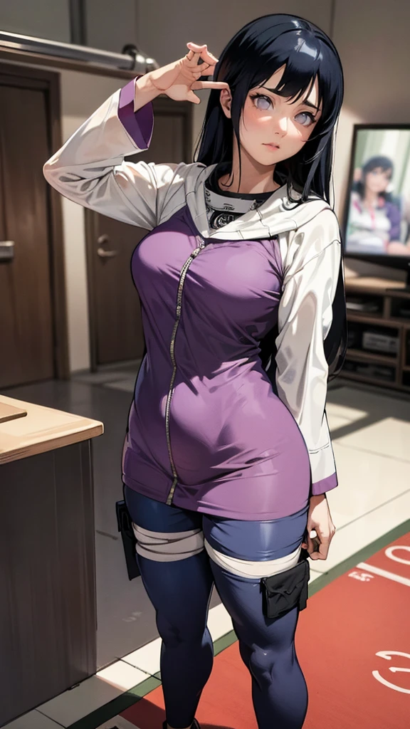 (hyuga Hinata, very sensual, with funk girl clothes, Brazilian, Rio de Janeiro, dancing funk, rolling, big-ass, legs thick, wearing black leggings, No blouse, sutiãa shows, umbigo com pirsing, sneakers Nike, big hair, Speaker behind, very realistic, extremely sexy, 8K, 8K extremamente detalhado), (an extremely delicate and beautiful), (Masterpiece artwork), (best qualityer: 1.0), (ultra highres:1.0)