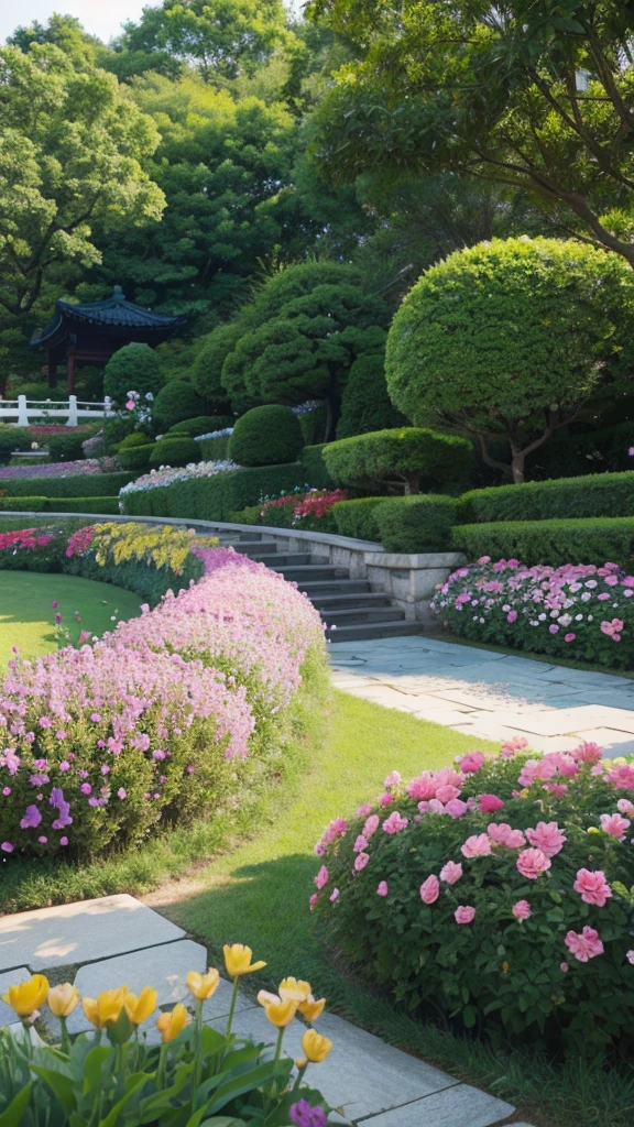 Beautiful flowers are in full bloom in the garden of Korea's traditional Hanok village, and lights are turned on indoors.
