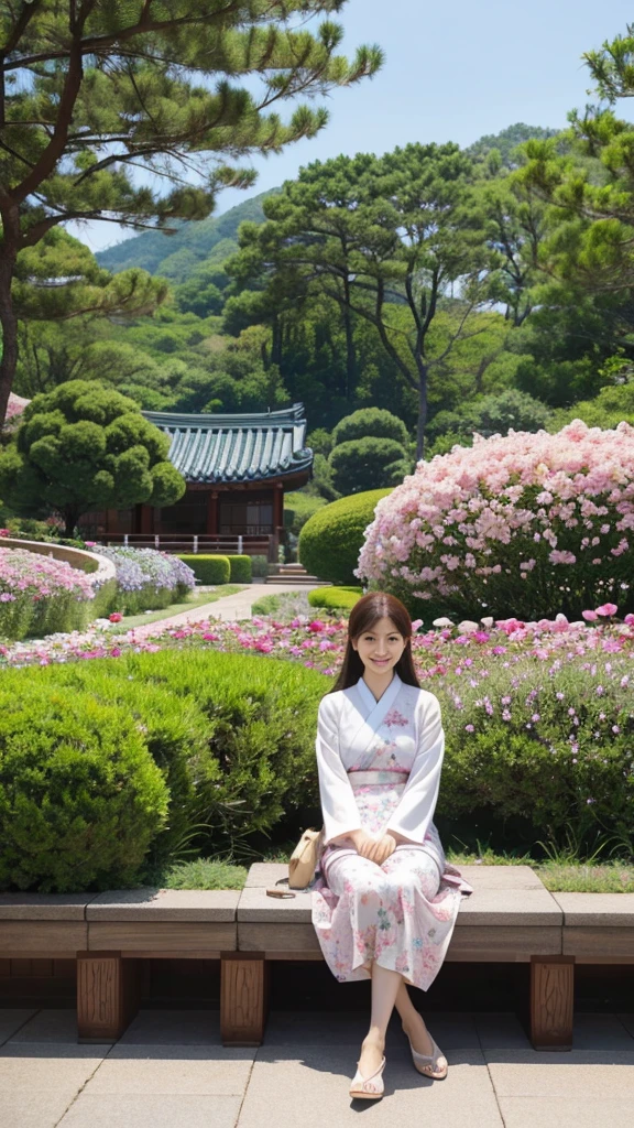 Beautiful flowers are in full bloom in the garden of Korea's traditional Hanok village, and lights are turned on indoors.