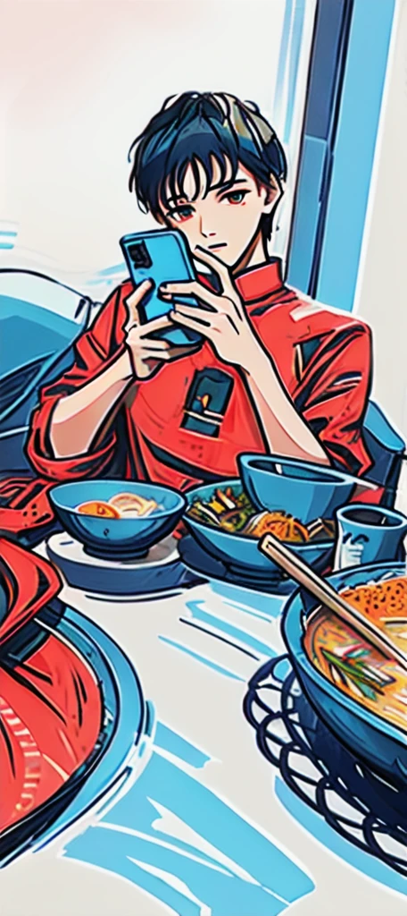 masterpiece,best quality,High Detail,There is a inch-headed,No bangs,A Chinese boy with a buzz cut is taking a photo of a bowl of soup, eat, He was about 18 years old, cai xukun, eat noodles, exclusive, He was about 18 years old, He was about 18 years old,