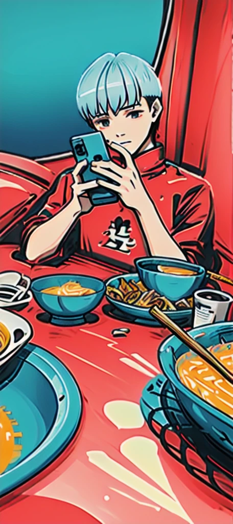 masterpiece，best quality，High Detail，There is a inch-headed，No bangs，A Chinese boy with a buzz cut is taking a photo of a bowl of soup, eat, He was about 18 years old, cai xukun, eat noodles, exclusive, He was about 18 years old, He was about 18 years old, 