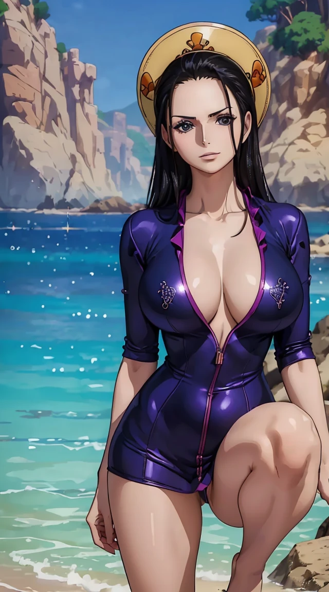 (top-quality, 8K, masterpiece:1.3)),Nico Robin ((one piece)), A MILF, Mature, huge stunning goddess shot, the extremely hot and sexy, powerful and huge, jaw dropping beauty, goddess of Japan, very Bigger breasts, Big ass, (thigh visible), Beautiful woman with perfect body shape:1.4, Slender Abs:1.1, Highly detailed facial and skin texture, A detailed eye, young woman in purple string bikini, sexy pose, navel, happy face, blush, eyewear on the head, (looking at from the front), Look at the camera, ((1girl in, perfectly proportions, Beautiful body, Detailed skin, Detailed eyes:1.5)), ((perfectly proportions, Beautiful body, showing your whole body:1.5)), ((Everything is sparkling、reflecting light:1.2)), (Best Ratio: 4 fingers, 1 thumb), (From knee to chest:1.5), , (portrait), outdoor, sea