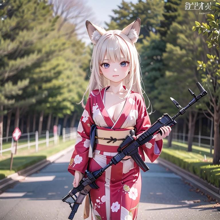 (Fox Girl, Fox Ears, Silver Hair, Fox Makeup, One Girl, Long Hair:1.6), (kimono, Kimono with open chest, A beautiful kimono with red and black patterns, I can see her cleavage, Open chest, Exposed skin:1.8), (Body measurements are 75-60-75!, Young girl body, Small breasts, Small breasts, Emphasize the chest, Ready your weapon, Prone, Assault Rifle:1.9), Avatar, face, lewd face, Dominant representation, naughty face, Uplifting, Skin Texture, outside, Grassy field