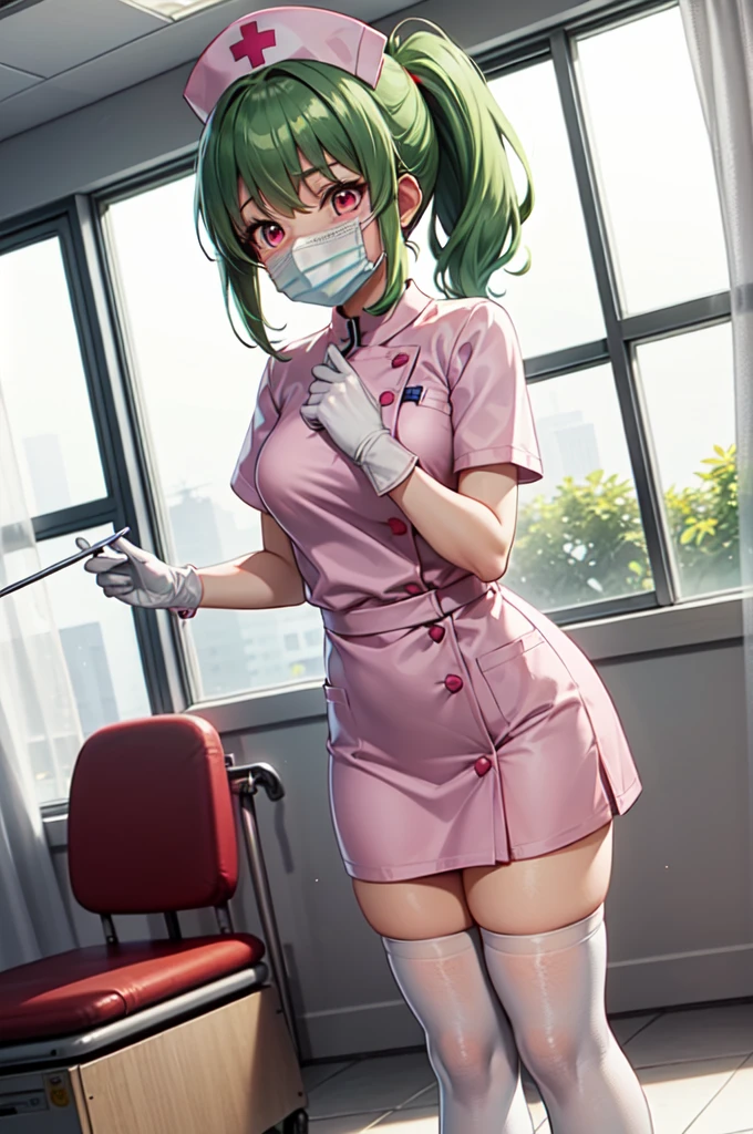 1girl, solo, nurse, nurse cap, white nurse uniform, ((white legwear, zettai ryouiki)), white gloves, ponytail, green hair, pink eyes, ((white surgical mask, covered nose)), standing, ((hospital room)), sharp outline, short sleeves, best quality, masterpiece