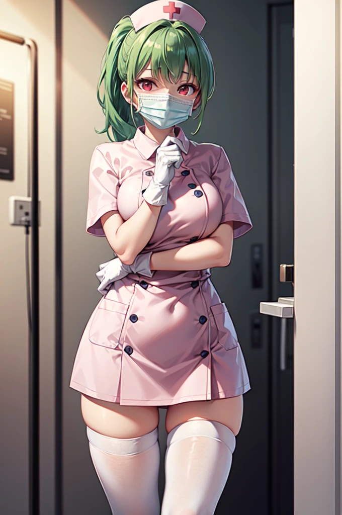 1girl, solo, nurse, nurse cap, white nurse uniform, ((white legwear, zettai ryouiki)), white gloves, ponytail, green hair, pink eyes, ((white surgical mask, covered nose)), standing, ((hospital room)), sharp outline, short sleeves, best quality, masterpiece