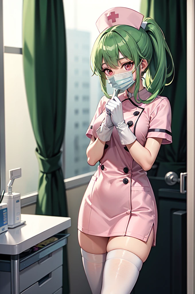 1girl, solo, nurse, nurse cap, white nurse uniform, ((white legwear, zettai ryouiki)), white gloves, ponytail, green hair, pink eyes, ((white surgical mask, covered nose)), standing, ((hospital room)), sharp outline, short sleeves, best quality, masterpiece