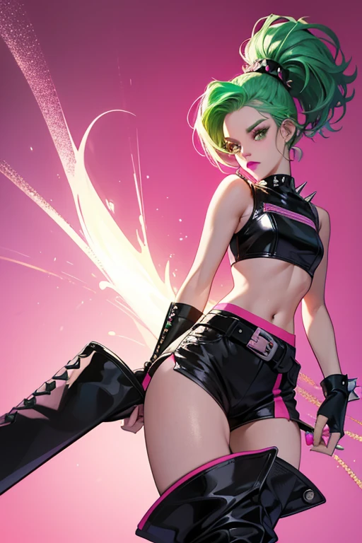 Phenom B.B is a dark-complected tot with neon green hair in the Swag Bro sculpt and purple eyes. She wears matching green eyeshadow and pink lipstick. Her outfit consists of a neon green and yellow crop top with a cropped leather vest over the top and one-legged pants with a black belt. Her shoes are black combat boots with silver buckles and she finishes the look with pink gloves and black spiked cuffs. Her doll also includes 80s asymmetrical party glasses with pink lenses, but these are not pictured on her artwork. Her appearance seems a reference to Grace Jones. SPARKLE; GLITTER