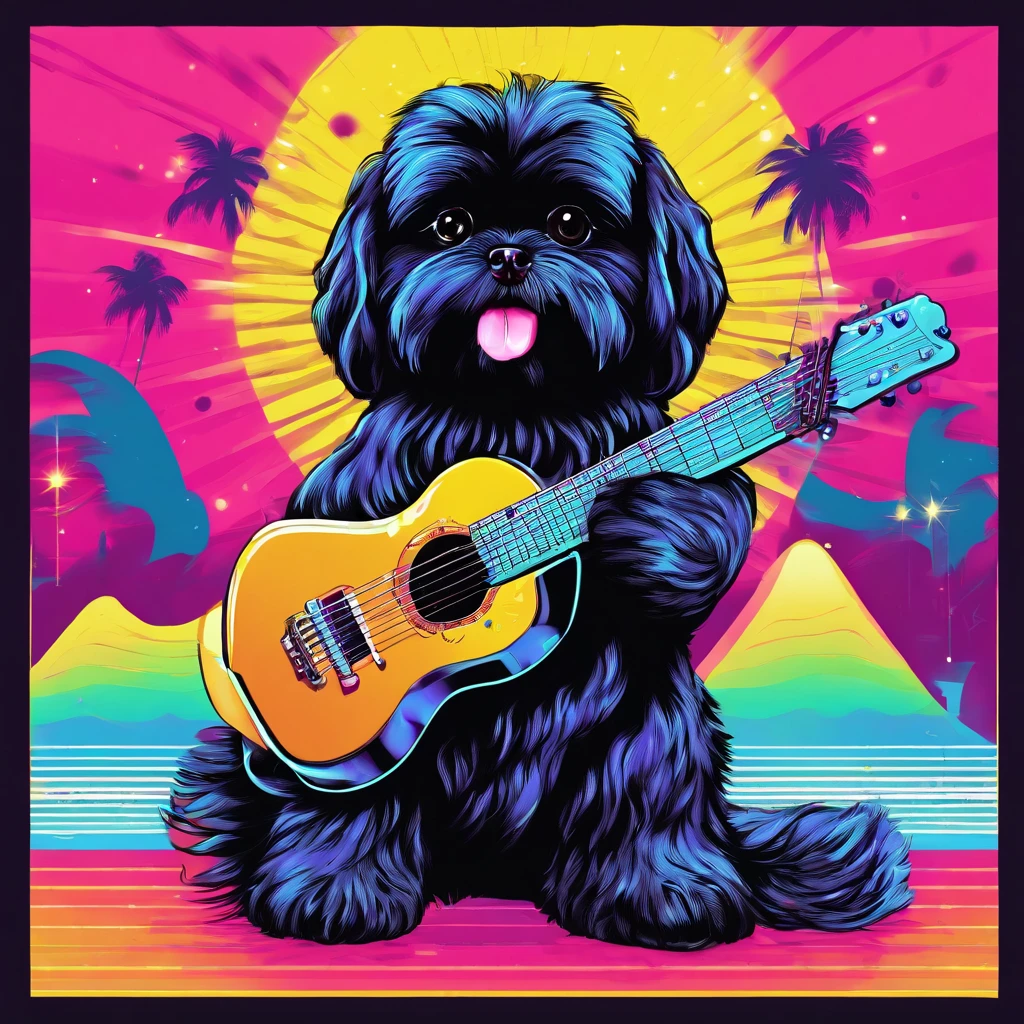Adorable small black Shih Tzu puppy playing guitar Pixar style cartoon