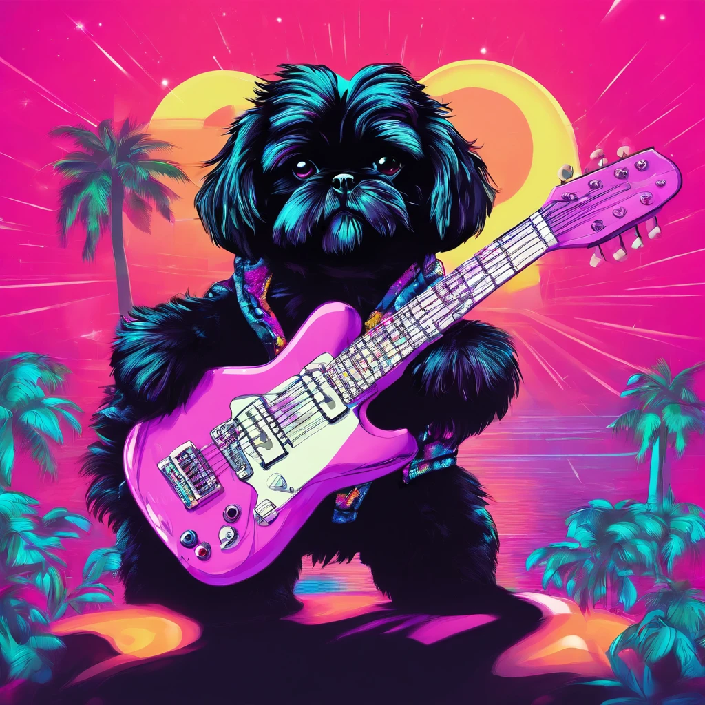Adorable small black Shih Tzu puppy playing guitar Pixar style cartoon