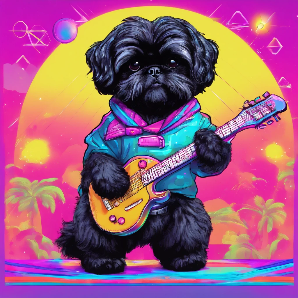 Adorable small black Shih Tzu puppy playing guitar Pixar style cartoon