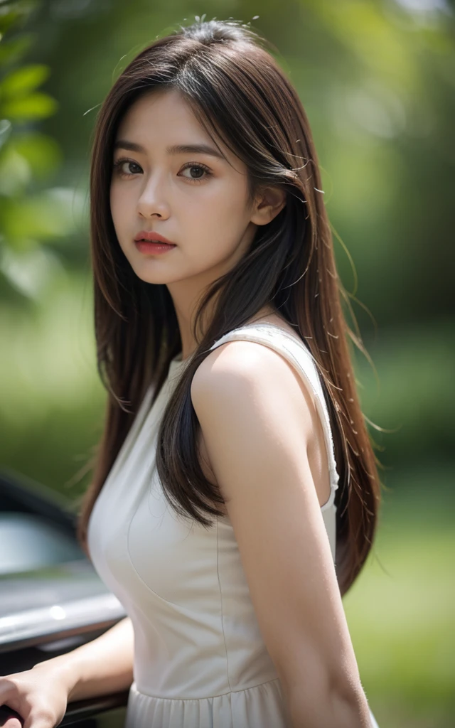 Hyper Reality 8kCG，masterpiece，Best quality，(Photo Realism:1.4)，HDR，major，RAW photos，Lens flare，(Film Grain:1.1)，((Depth of Field))，,Realistic photos、Realistic skin texture、（一名漂亮Sexy的韩国女军人），Eyes with spirit，Long hair，Wearing（Sexy）military uniform，Standing，（full-body shot）Background is outdoor，Advanced military（Helicopters）。