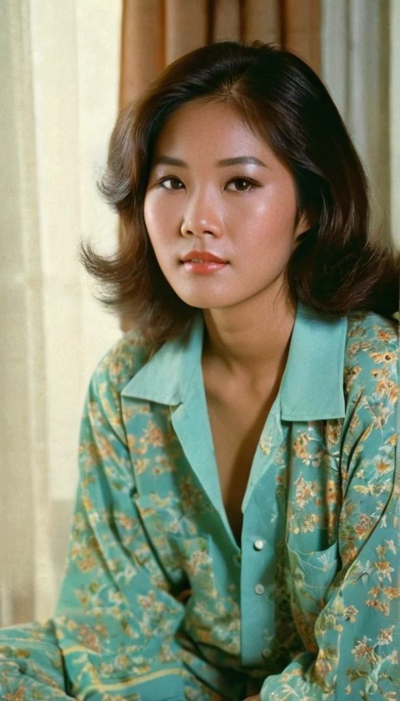 Full body Photo of a beautiful asian woman in the 1970s, with her hair and clothing from the 1970s, the girl is sitting on her bed, looking out through the window, the woman is looking straight at the camera with a lost look and a slight smile, full color with a cinematographic lighting, high definition professional photography style ,photorealistic