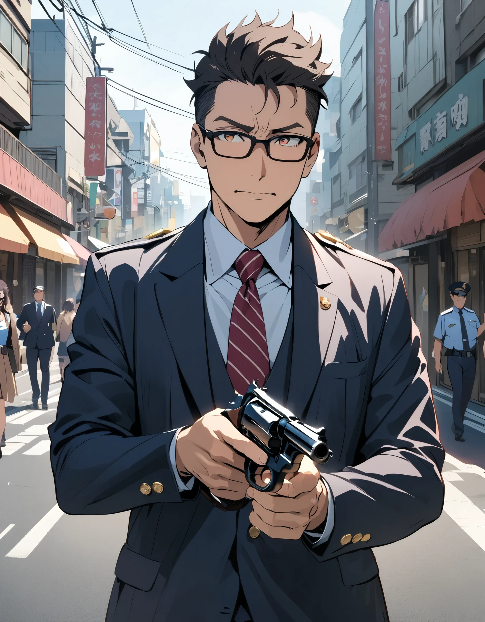(masterpiece), (best quality), ((high res)), 1man, middle aged man, age 52, anime style, japanese policeman, suit and tie, police captain, police commissioner, black hair, short hair, fade haircut, hazel eyes, glasses, black-framed eyewear, (lora:perfect hands:1), (holding a gun, holding a pistol, 357 magnum revolver), tokyo city street backdrop, solo, solo focus
