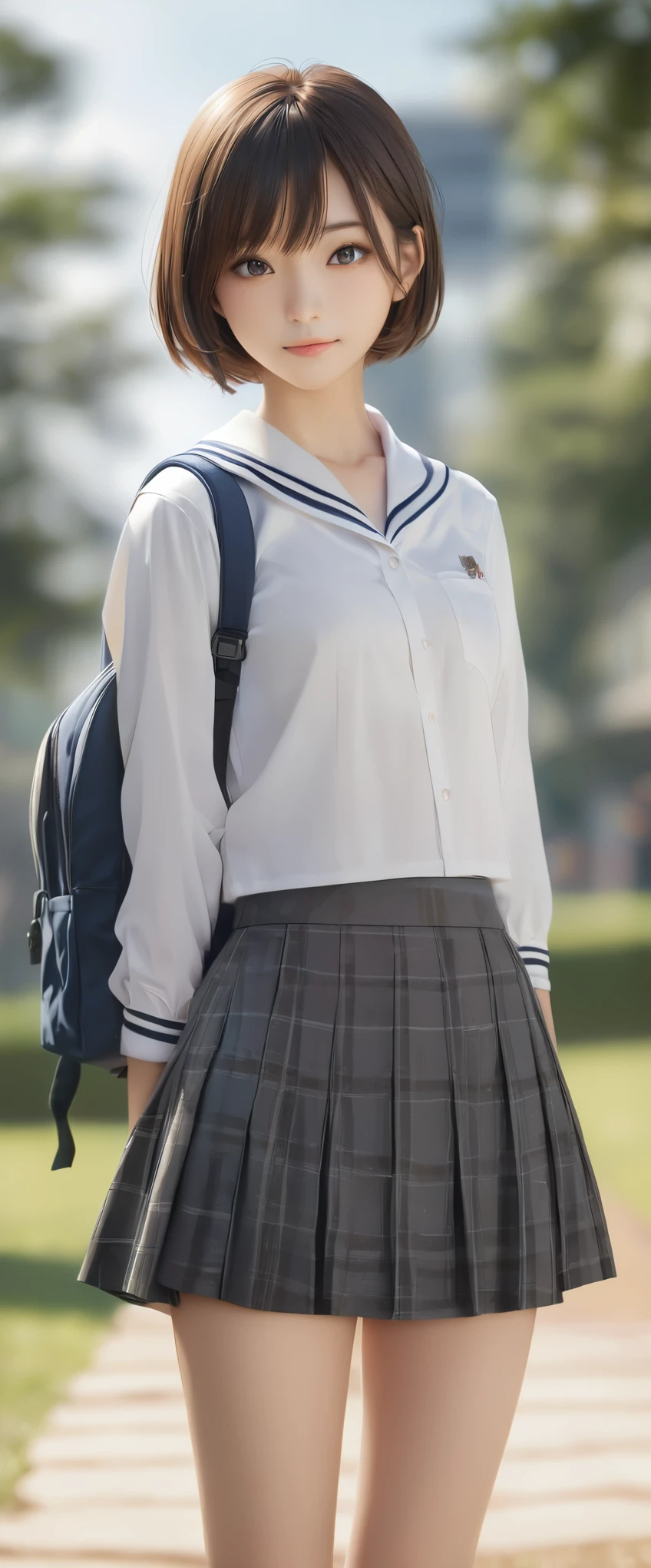 detailed face, cute face,18-year-old female, Long Hair, RAW Photos, Bokeh (realism: 1.4, Realistic), High-definition CG integrated 8K wallpaper, One girl, ((The body is slim: 1)), (Small breastss: 1), Back to viewers, ((Direct view from the front)), (high qualityスキン: 1.4), 8K Ultra HD, Digital SLR, Soft Light, high quality, Film Grain, Fujifilm XT3, ((school uniform, Short skirt,The open skirt is visible through:1.5)), ((Outdoor, at the park))) Janju, Portraiture,((Layered Short Haircut, Black Employment,Small breasts:1.2)),(View your viewers:1.4),(whole body:1.8)
