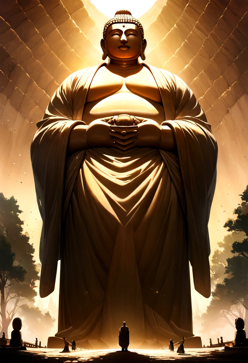 A huge Buddha statue seen in the distance, stone, texture, expensive, Majestic, Inverted Image, The background is illuminated by sunlight., Towering Tree々, Pilgrims walking the road. Beautiful composition, With the masterpiece, detailed, High resolution
