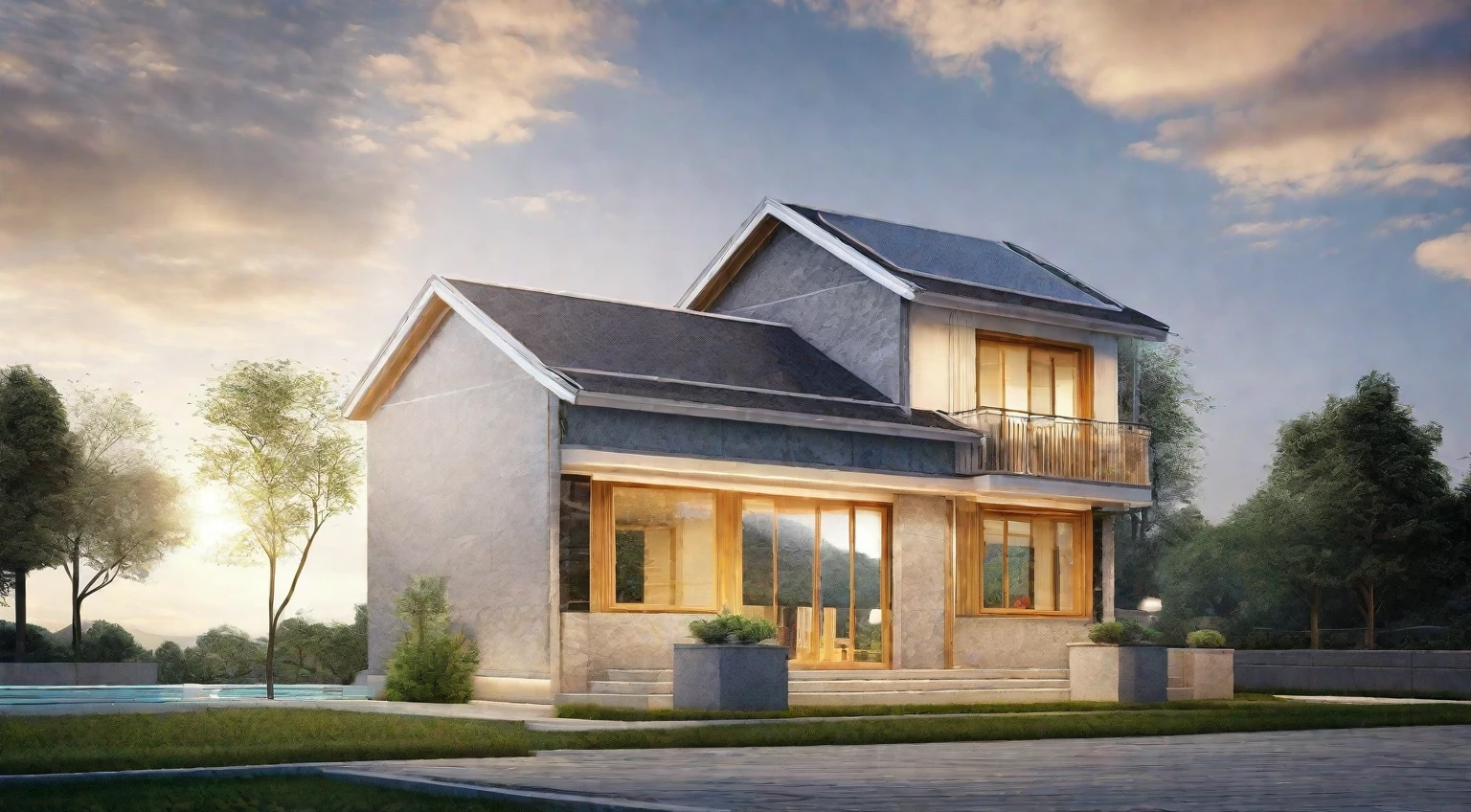 perspective,street view,countryside villa building,Natural style,glass curtain wall,granite,landscape,sunny