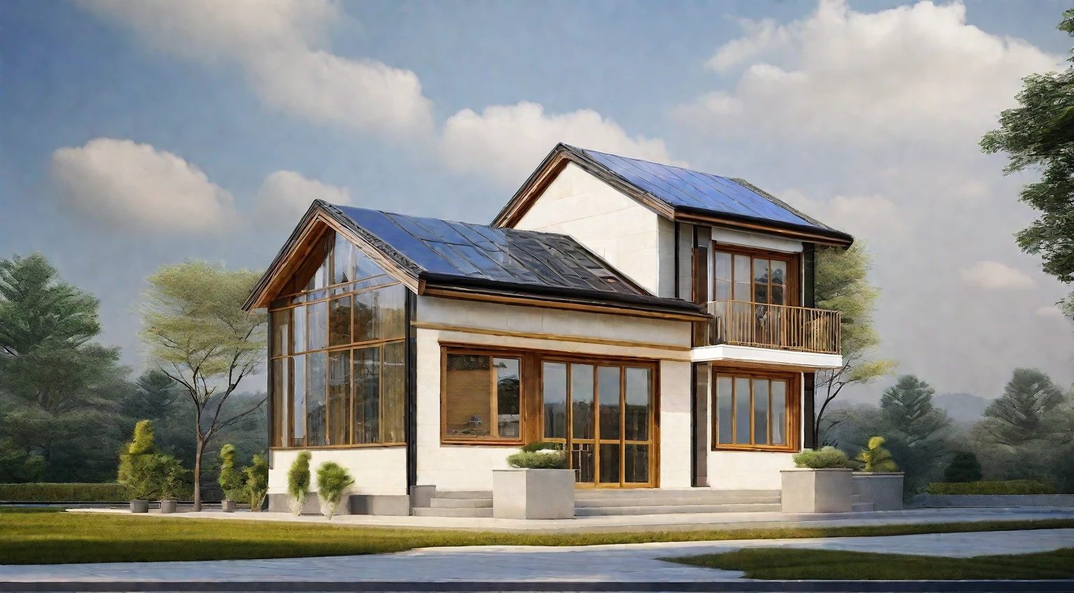 perspective,street view,countryside villa building,Natural style,glass curtain wall,granite,landscape,sunny