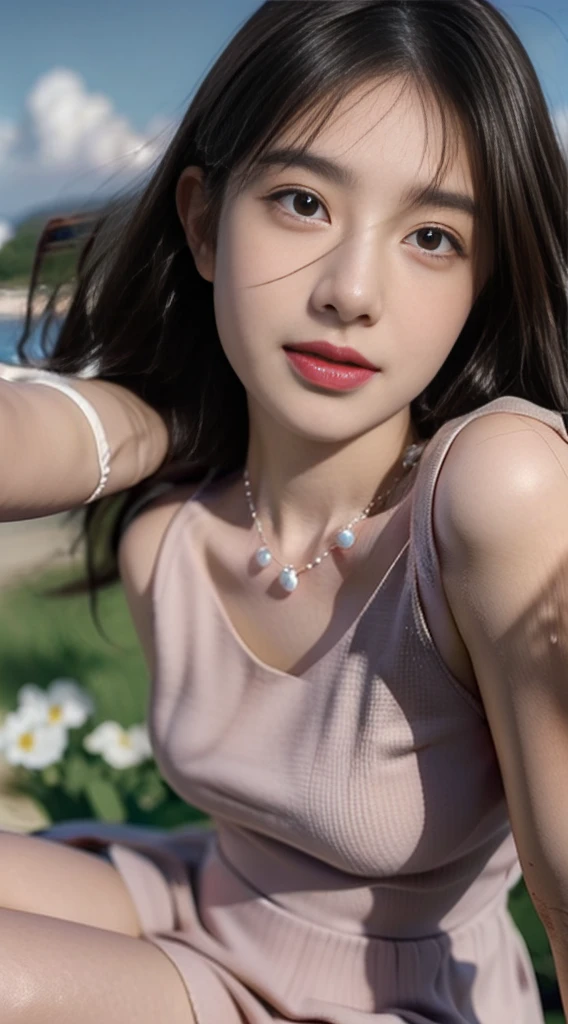 Selfie pose,hentail realism,Beautiful cute girl of , tmasterpiece, Best quality at best,Crystal necklace, A delicate and beautiful girl,He has big eyes of God,Long eyelashes,beautiful pupil,The eyes are sweet and there are lying silkworms,A sweet smile,Hydrated red lips,lipsticks,Blushlush,Fair face,(face fill light),afloat,The endless sea,small boats,eye glass,Lunette de soleil,Sexy girl nipple,S-shaped body,smooth, Wavy hair,With a figure,(Pink crewneck dress),short skirt,are standing,dynamic angle,with blue sky and white clouds,Deleite para la vista,Face value,(Do not show your hands)