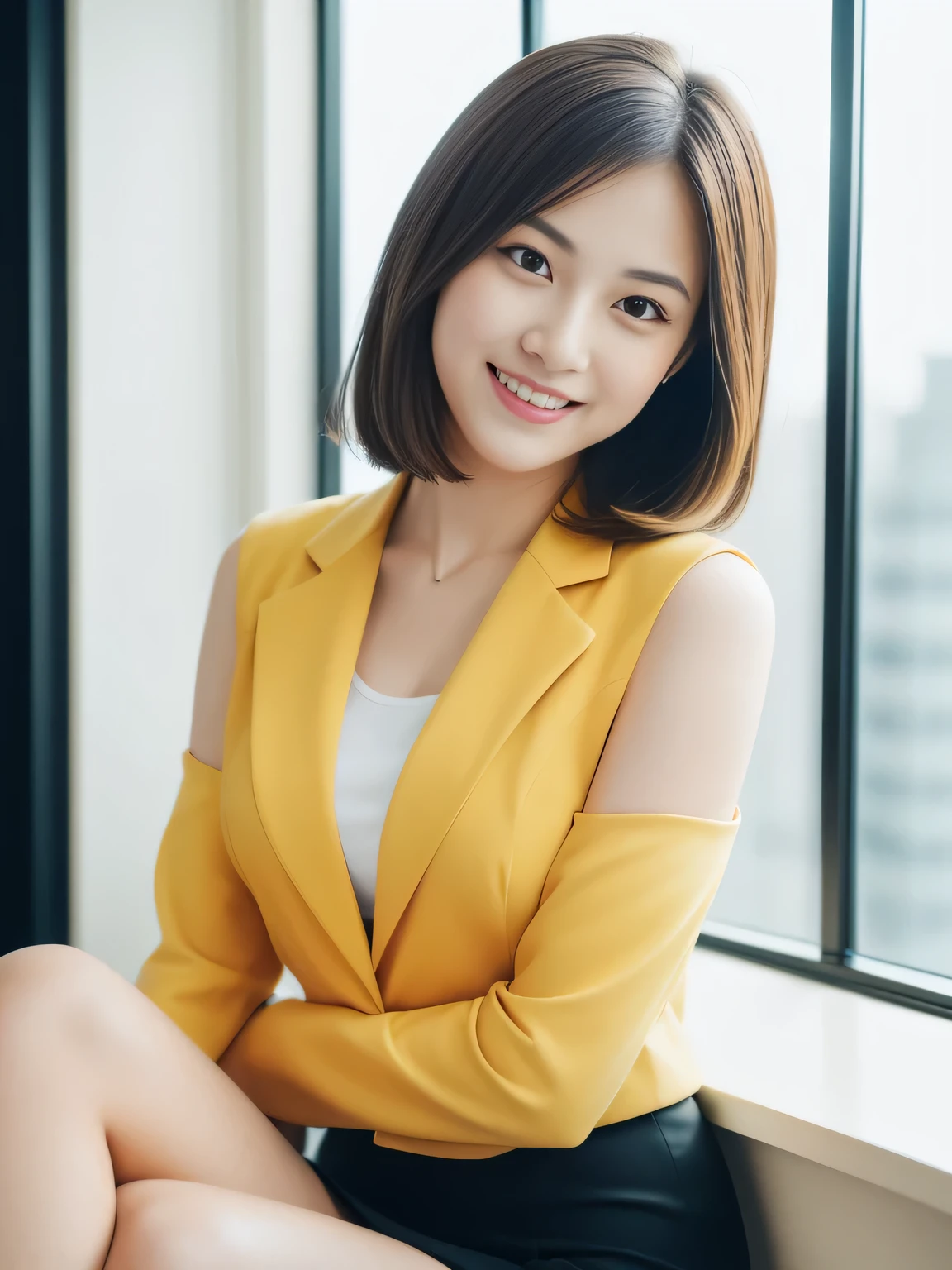 ((Highest quality, 8K, masterpiece: 1.3)), beautiful girl, Pure, Melon face, Kind and cute, sweet smile, Pure desire, Slender body, (front), (Tilt your head), ((looking at the camera) ), Wearing a yellow office suit and a short skirt, Medium black hair, Long, flowing shoulders, Big, round, black eyes, Clear, big eyes, Moist red lips, sweet, Sitting in the office, Office Background, Bodies facing random directions, (whole body),