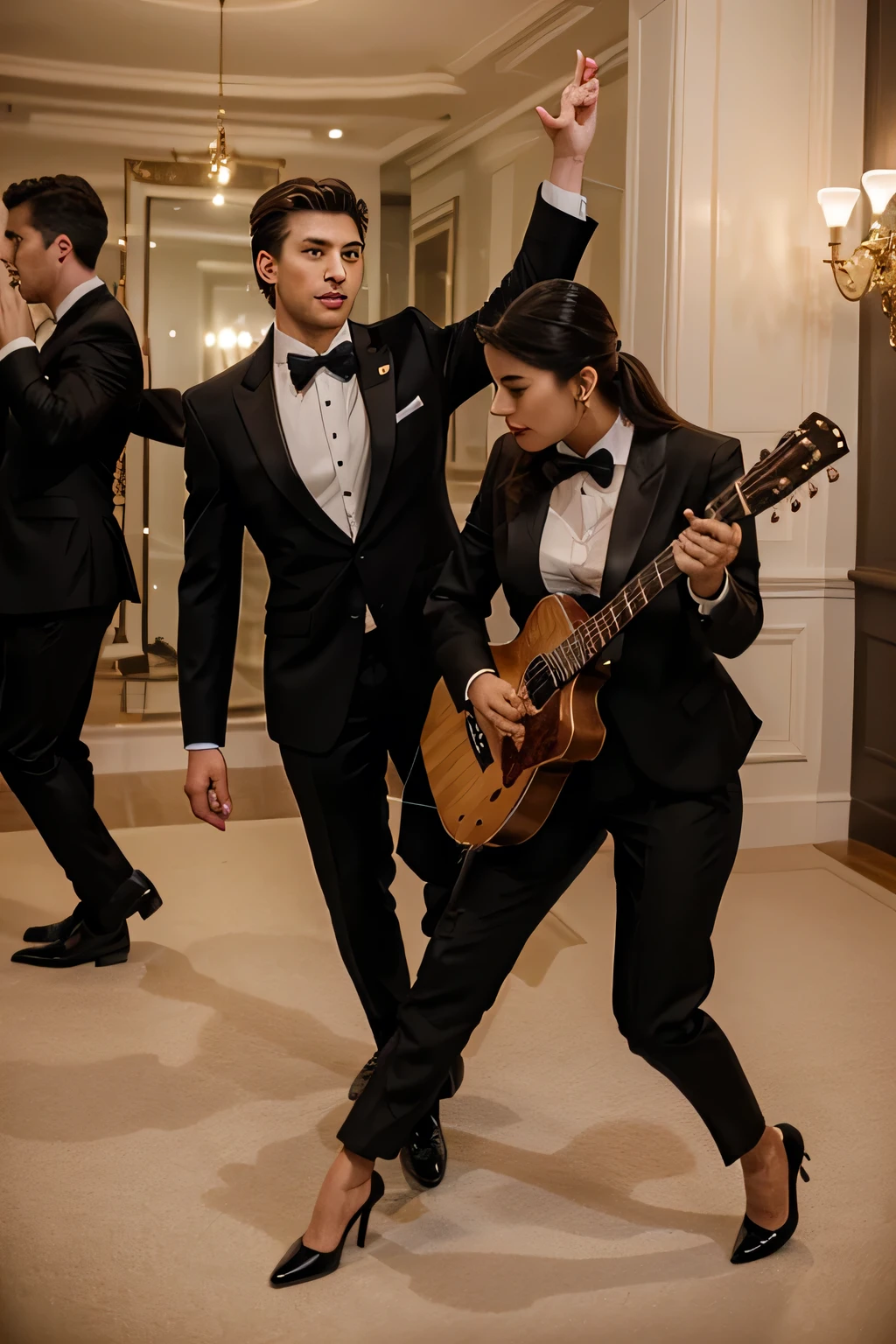 two well- dressed elegant men and two elegant well-dressed women, playing guitar, dancing and singing