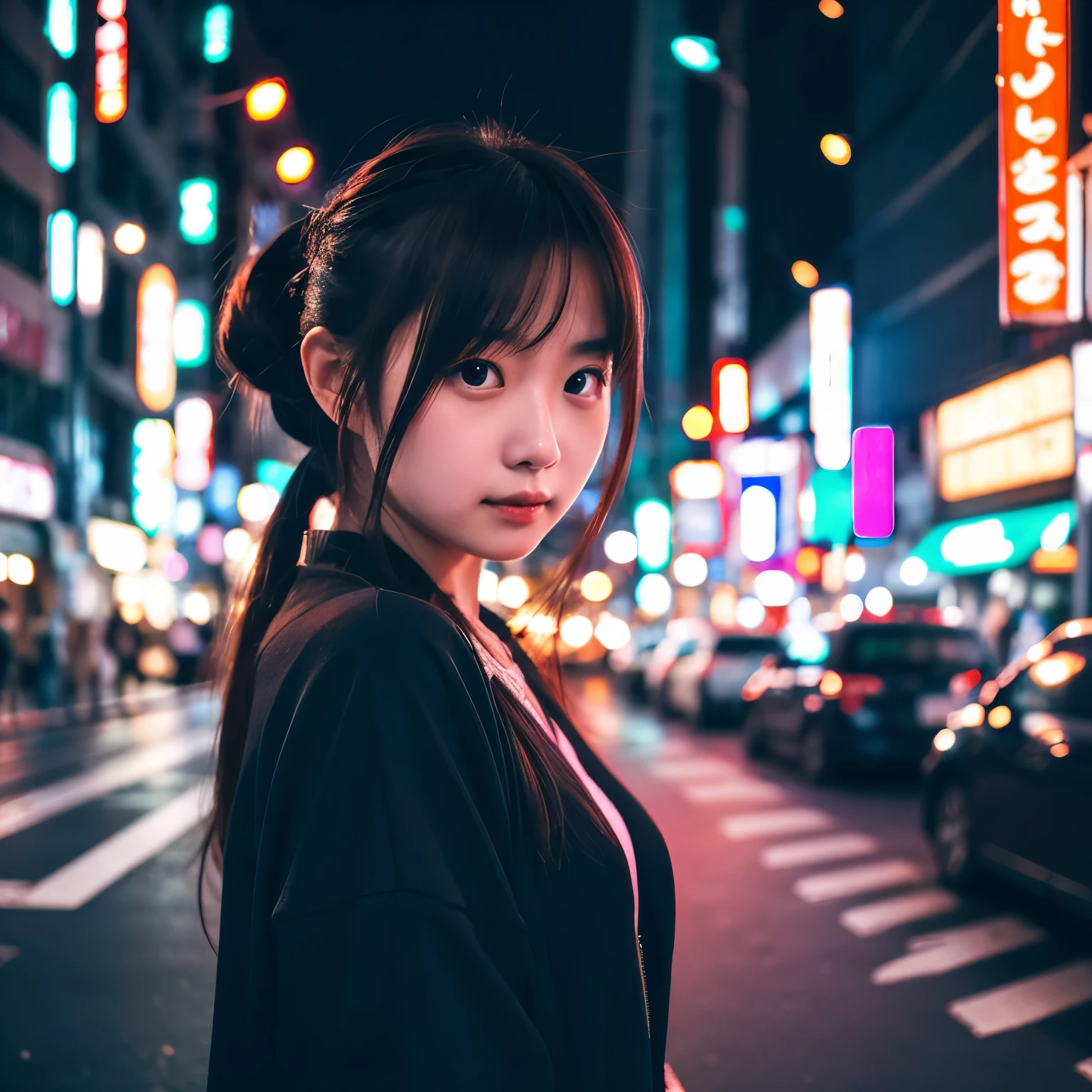 1girl, Tokyo street,night, cityscape,city lights, upper body,close-up, 8k, RAW photo, best quality, masterpiece,realistic, photo-realistic,