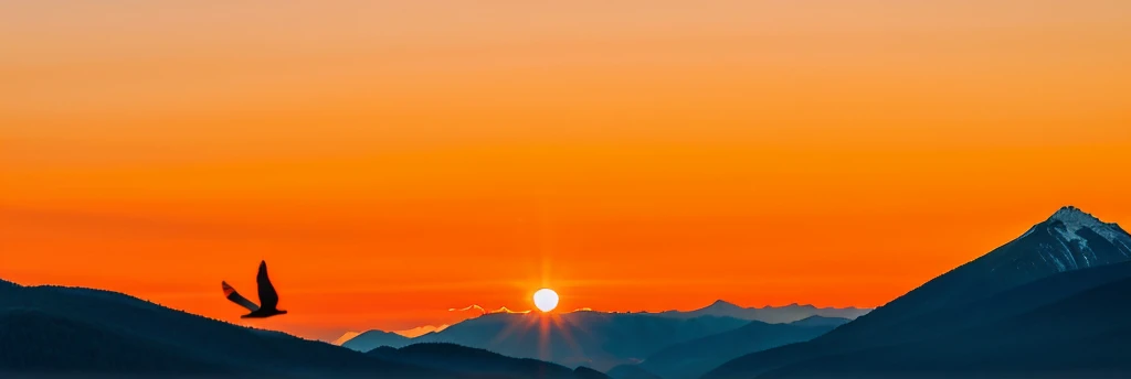Orange afternoon sky, mountain, birds flying
