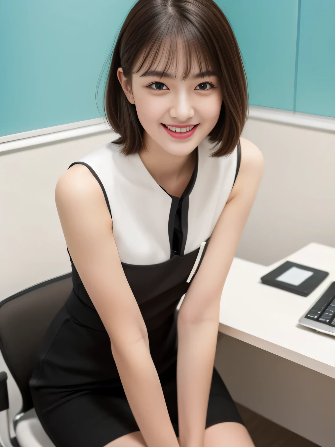 ((Highest quality, 8K, masterpiece: 1.3)), beautiful girl, Pure, Melon face, Kind and cute, sweet smile, Pure desire, Slender body, (front), (Tilt your head), ((looking at the camera) ), Wearing a yellow office suit and a short skirt, Black silky medium length hair, Long, flowing shoulders, Big, round, black eyes, Clear, big eyes, Moist red lips, sweet, Sitting in the office, Office Background, Bodies facing random directions, (whole body),