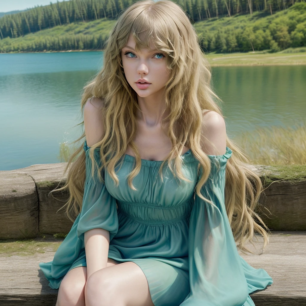 Take the cover of Taylor Swift's album, "Taylor Swift (Taylor's Version)," her with long curly blonde hair, blue eyes, sitting next to a lake, wearing a green dress