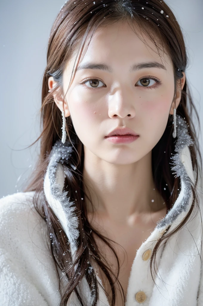 (8k, best quality, masterpiece, ultra highres:1.2) Photo of Pretty Japanese woman
 in the (style of paul rubens and rebecca guay:1.1) (melancholy winter snow:1.4)