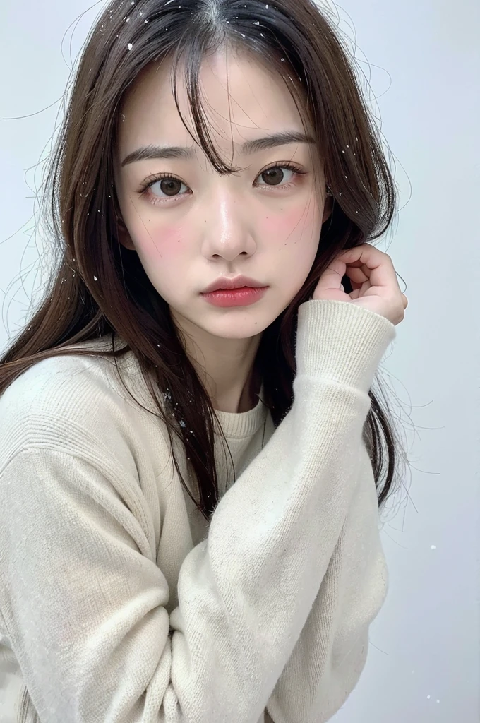 (8k, best quality, masterpiece, ultra highres:1.2) Photo of Pretty Japanese woman
 in the (style of paul rubens and rebecca guay:1.1) (melancholy winter snow:1.4)