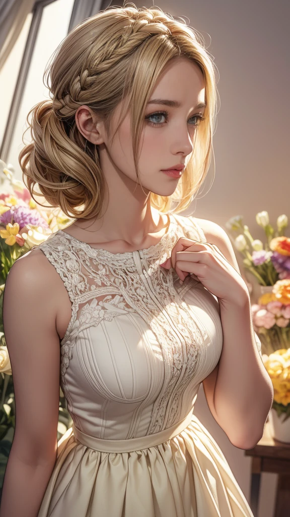 Advanced,Lovely,Thin,European, Emerald eyes,pale cheeks,Square face,Angular chin,nature "no-compensate" compensate,(Creamy Blonde Hair), Wearing a colorful crochet maxi skirt, High Angle View, Huge breasts, , The entire camera body, Blurred desaturated bokeh background, Dark theme, sooThing tone, Calming colors, High contrast, (pale skin textures, At the flower shop, Lots of flowers, Surrealism, Soft Light, sharp), Art Photography, Milkmaid Braid Hair, (Surreal,32k, masterpiece),(HD Skin),( high quality),Not suitable for working hours