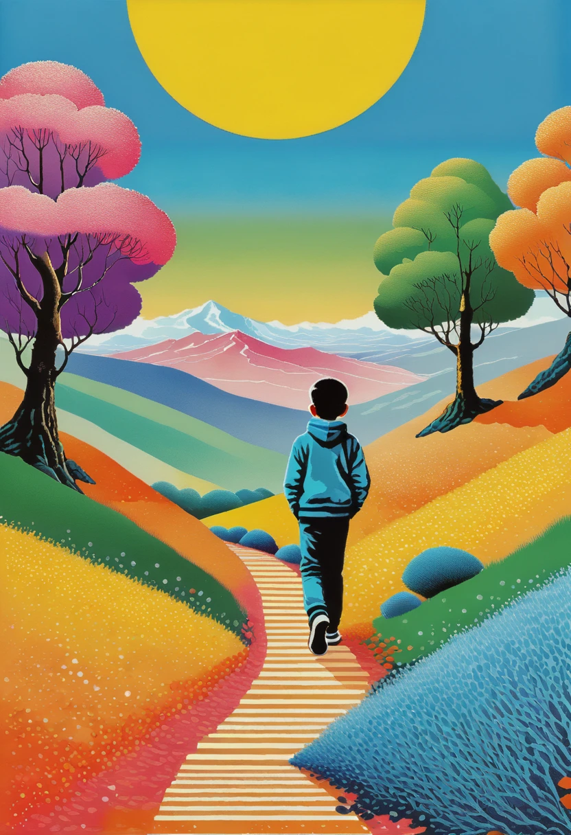 Neo-pop art risograph print, the main is walking through a colorful landscape, in the style of hicari shimoda, alex colvill, young british artists (ybas), sandy skoglund, realist detail, pensive stillness, children's book illustrations – no mockup – style raw