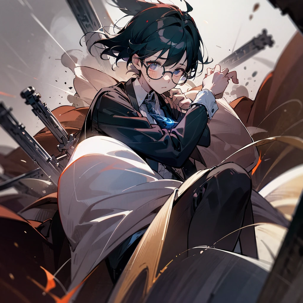 best qualityer, high resolution, 1 boy, round glasses, Light particles, black hair, bleeding, going crazy,HDR