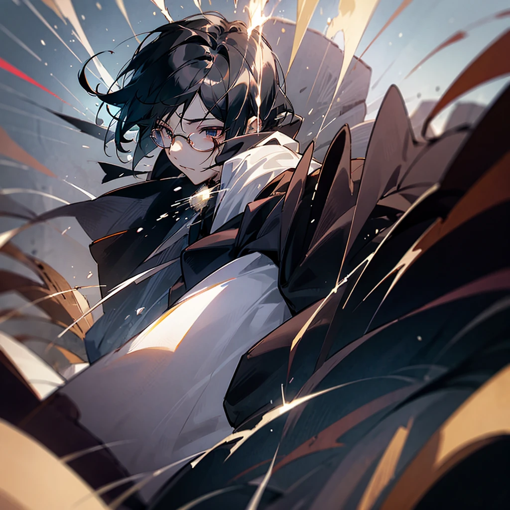 best qualityer, high resolution, 1 boy, round glasses, Light particles, black hair, bleeding, going crazy,HDR