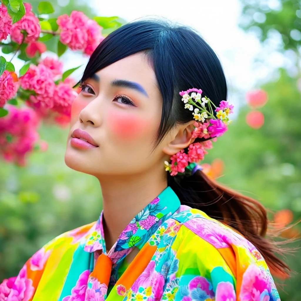 A beautiful, realistic Asian girl wearing a colorful
